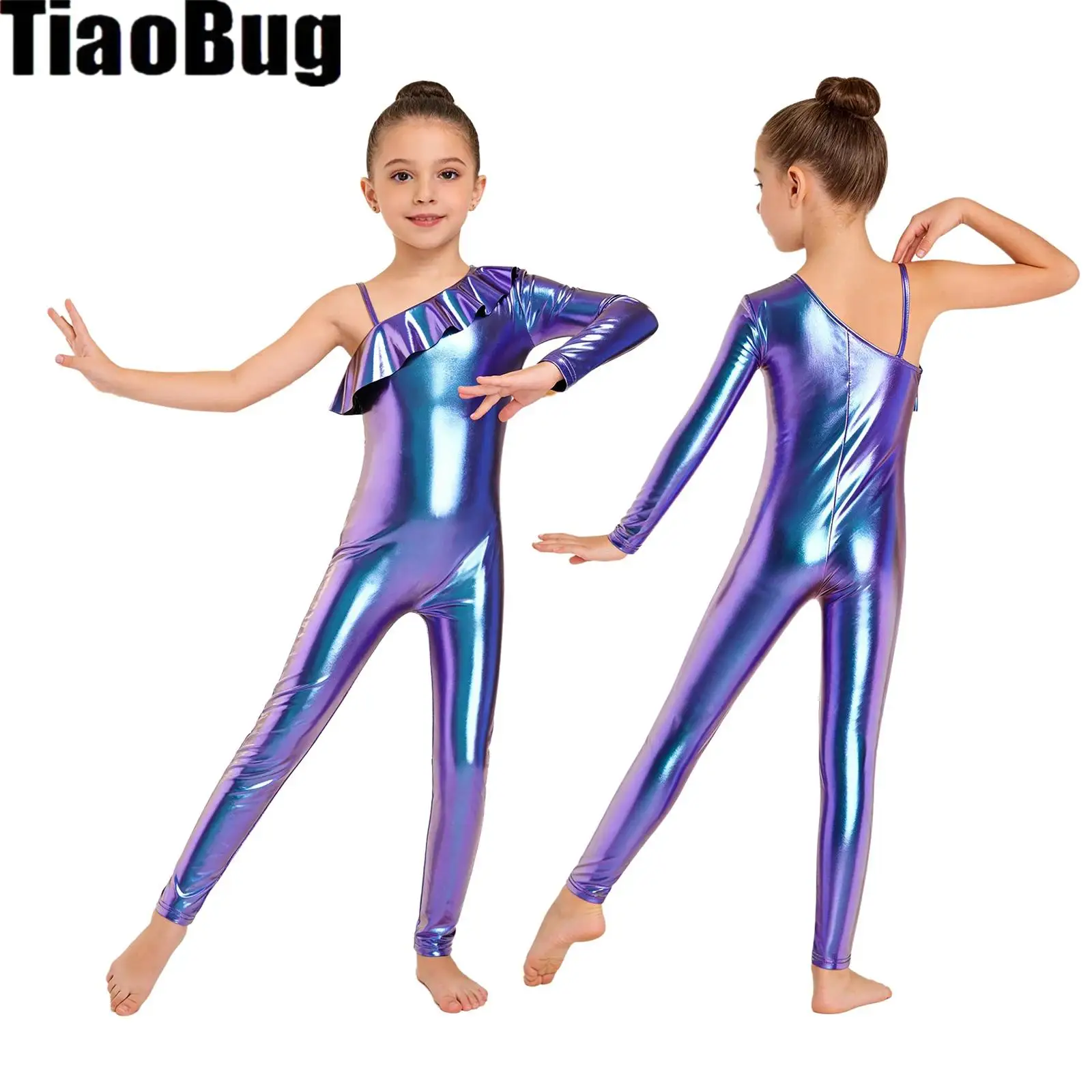 

Kids Girls Metallic Jazz Jumpsuit One Shoulder Long Sleeve Side Invisible Zipper Shiny Bodysuit for Performance Competition