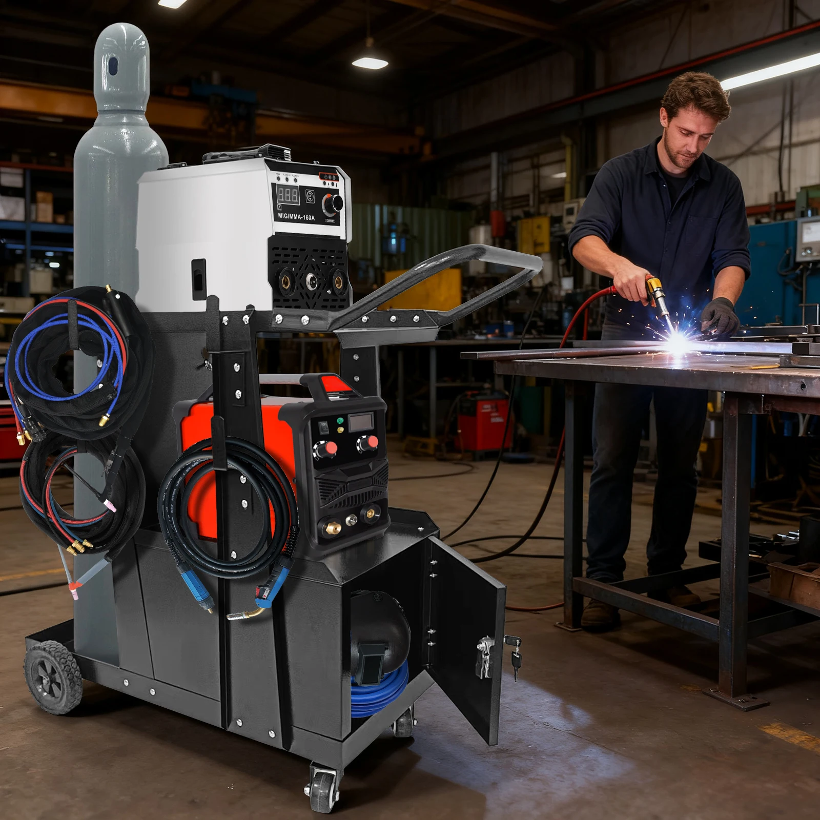 Welding Cart with Lockable Cabinet, 2 Tier Heavy Duty Welder Cart for Mig Welder TIG Welder and Plasma Cutter with 360° Swivel Wheels and Safety Chains, 220 Lbs Capacity view 5
