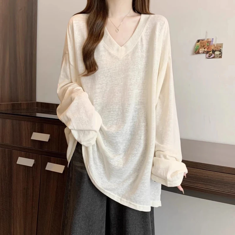 

Women Clothing Lazy Style V Neck Tops Spring Summer Thin Long Sleeve Simplicity Loose Solid Fashion T Shirts Casual Korean Trend