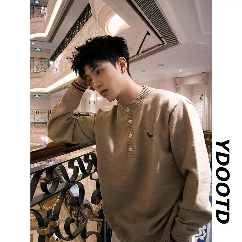 

Американский ретро-свитер с воротником Хенри, свободный, мягкий, уютный, осенне-зимний, цвета хаки, унисекс, пуловер