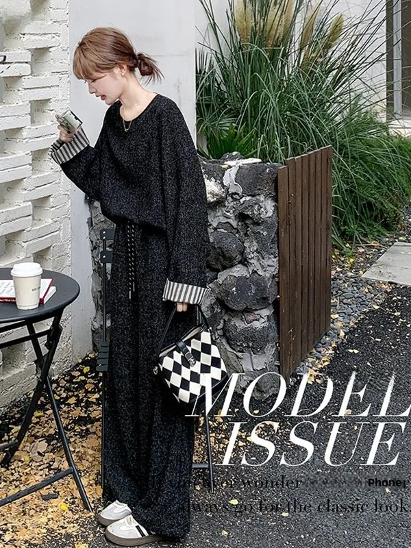 

Elegant Women's Sporty Loose Fit Long Sleeve Top And Wide Leg Pants Two Piece Set Casual Spring Fashion plus Size Outfit