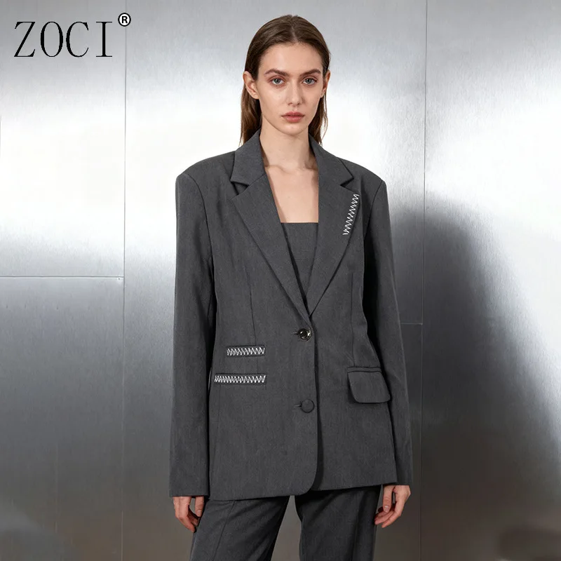 

ZOCI пиджаки с вышивкой для женщин, однобортные пиджаки, женские пальто с воротником с длинными рукавами, однотонные топы, новинка 2023 года