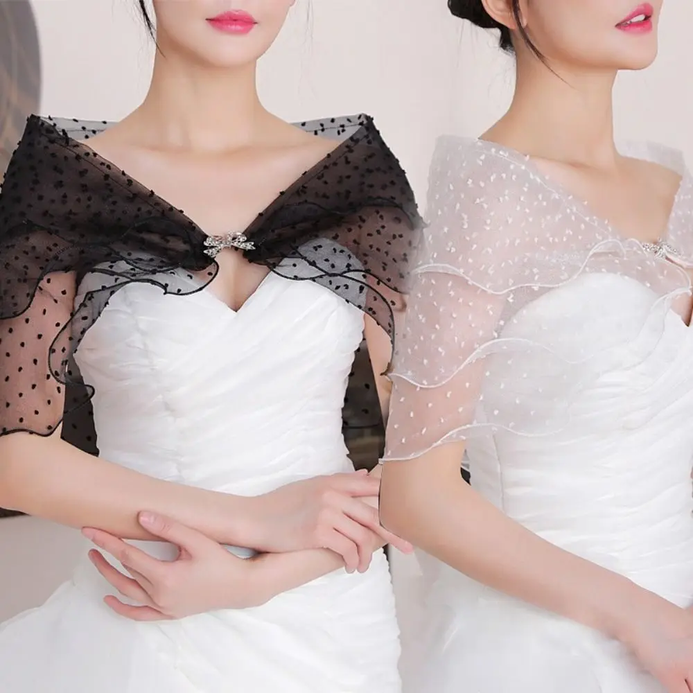 

Evening Prom Cape Tulle Bride Shawl Black White Bow Buckle Wedding Cloak Wedding Bridal Shawl Women