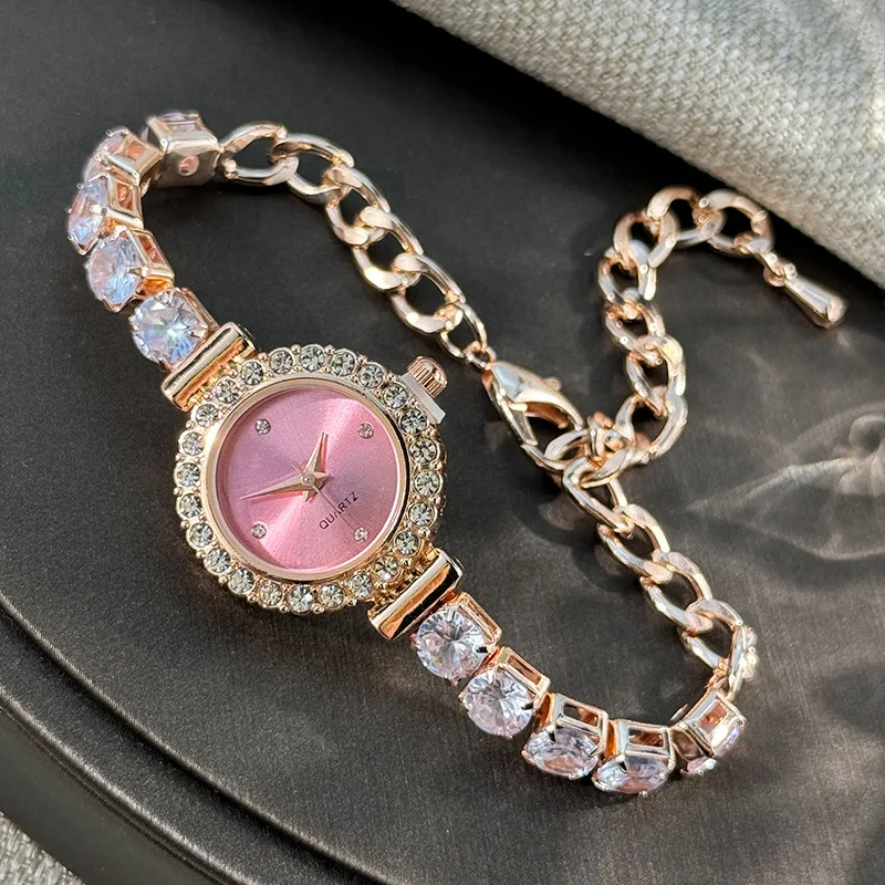 Vintage Rose Gold Fine Chain Women\'s Watch Luxury Rhinestone Quartz Watch Exquisite Jewelry for Wife Gift