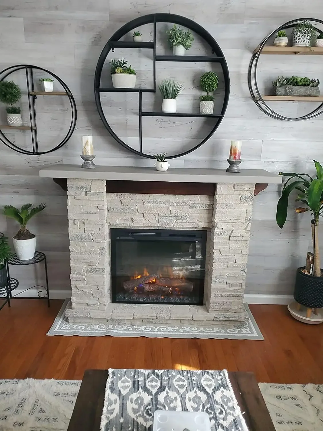 Featherston Electric Fireplace with Mantel Surround Package | Pine with Gray Stone-Look, Includes 28" Electric Firebox Heater