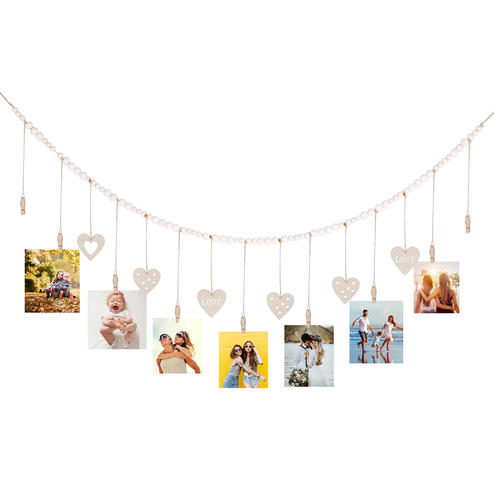 Wall Hanging Photo Display with Wooden Clips and Hearts Tags, Garland, Boho Christmas Picture, Card Frame for Home Decoration