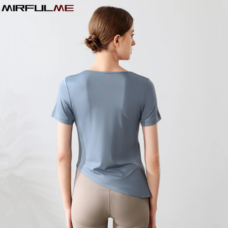 Women Slim Yoga Shirts Short Sleeves Sport T-Shirts Irregular Hem Running Shirt Quick Dry Elastic Gym Fitness Tops Blouse Female