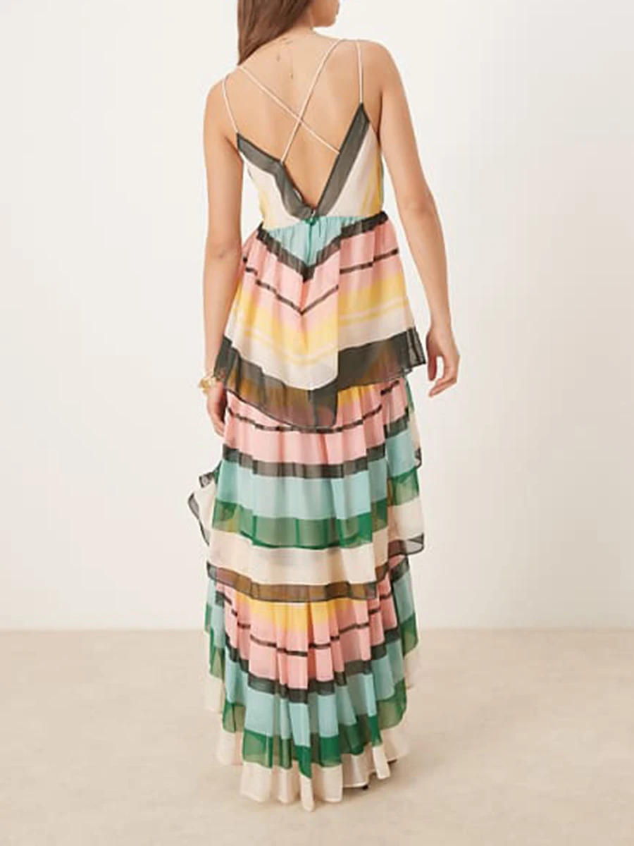 TWOTWINSTYLE Colorblock Loose Spliced Ruffles Dress for Women V Neck Sleeveless Patchwork Print Midi Dresses Female Fashion New