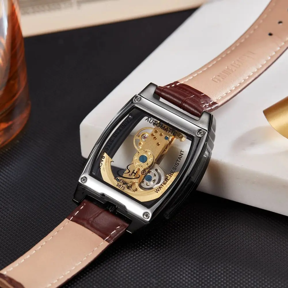 SHENHUA  Transparent Automatic Mechanical Watches Fashion Male Steampunk Skeleton Luxury Dial Turbillon Self-Wind Mens Watches