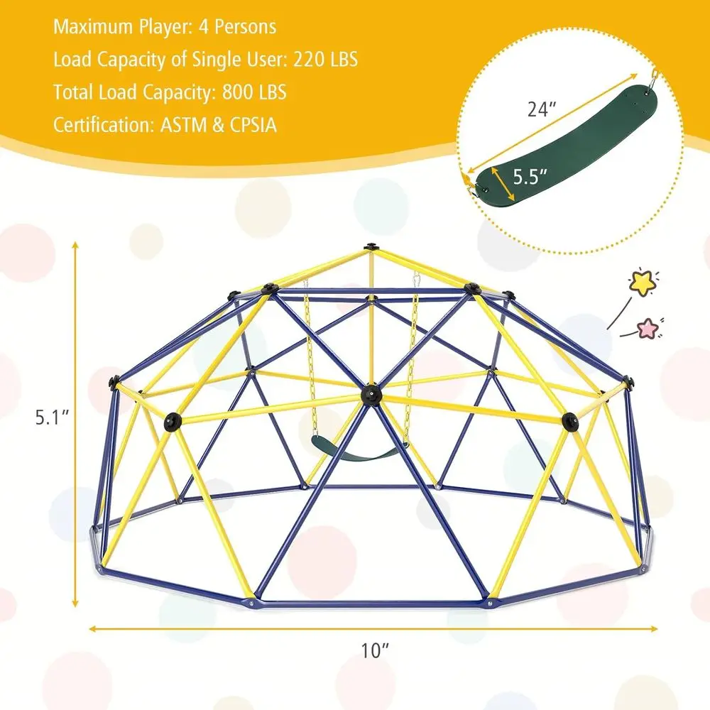 Klimkoepel met schommel, 10FT Kids Jungle Gym Monkey Bar Klimspeelgoed voor buiten, biedt plaats aan maximaal 800 lbs, Indoor Ge