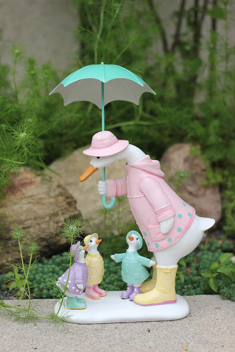 Umbrella Duck Family White Goose Animal Sculpture, Resin Crafts Miniatures Figurine, Pastoral Cute Garden, Balcony Decoration