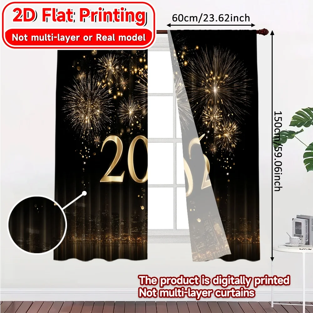 2D Flat Printing,2pcs 2026 Celebration(5) Chic Curtain Fabric Durable Polyester Curtains Decorations Suitable for Bedroom &