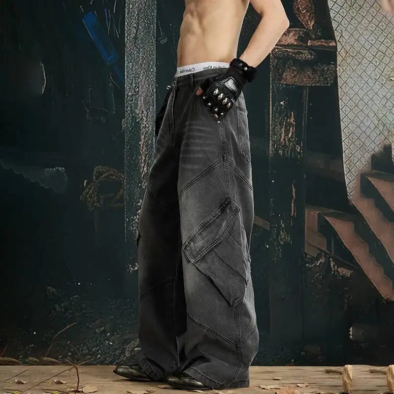 LUZHEN Baggy Original Multi Pockets Decorate 2026 Straight New Cargo Jeans Men's Fashion Streetwear Wide Leg Denim Pants JY8556