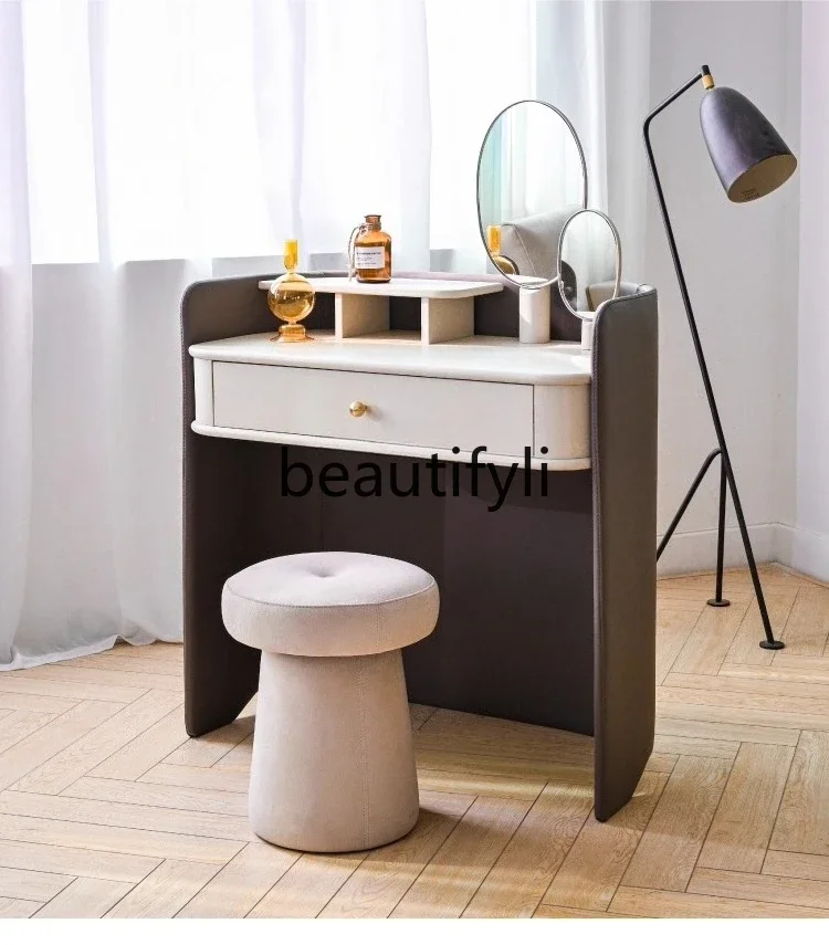 Nordic Light Luxury Makeup Table, Stowable Bedside Dressing Table, Small Leather Dressing Cabinet with Mirror for Bedroom