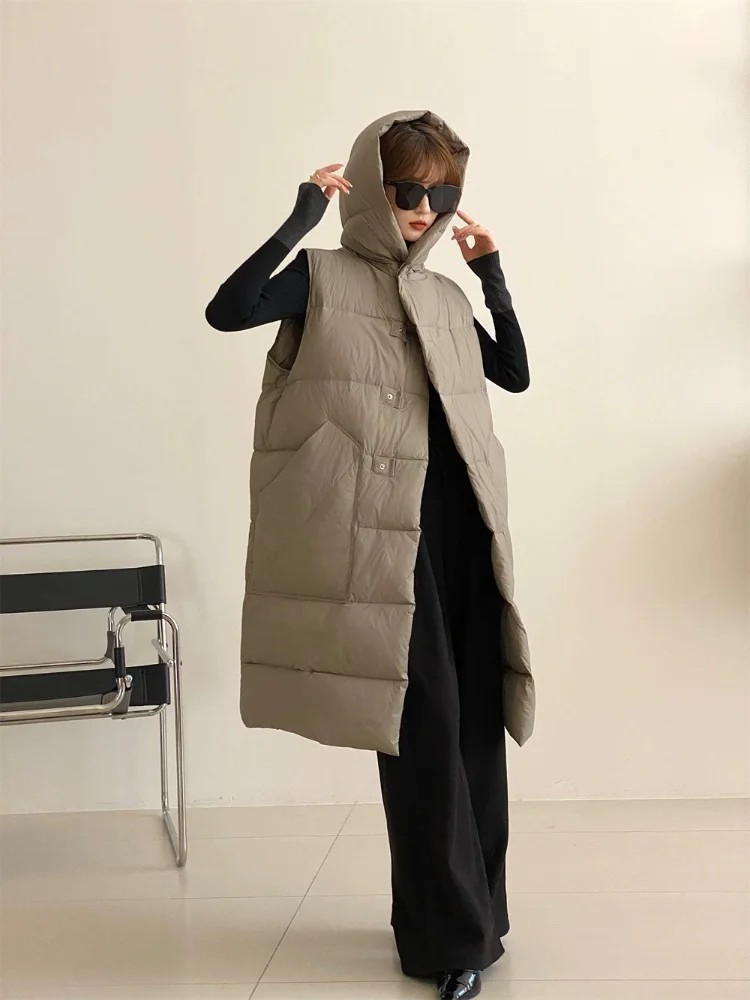 Hooded Waistcoat Classy Down Vest Thick Windproof Warm Outerwears Korean Fashion Sleeveless Women Jacket Long Vest Coats Down