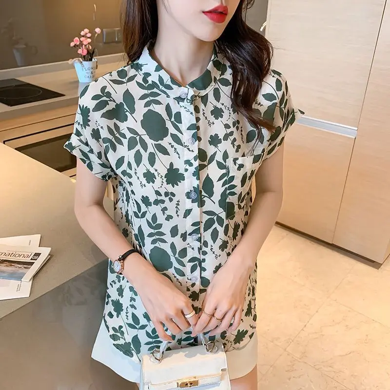 Summer New Floral Chiffon Shirt Tops Women\'s Short Sleeve New Thin Printing All-match Office Blouse Fashion Elegant Clothing