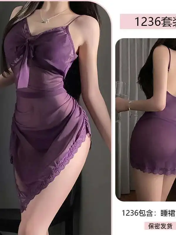 섹시한 레이스 유혹 Nightdress 순수한 욕망 메쉬 레이스 업 슬림 Bodycon 잠옷 복장 우아한 탱크 미니 드레스 탑 63I0