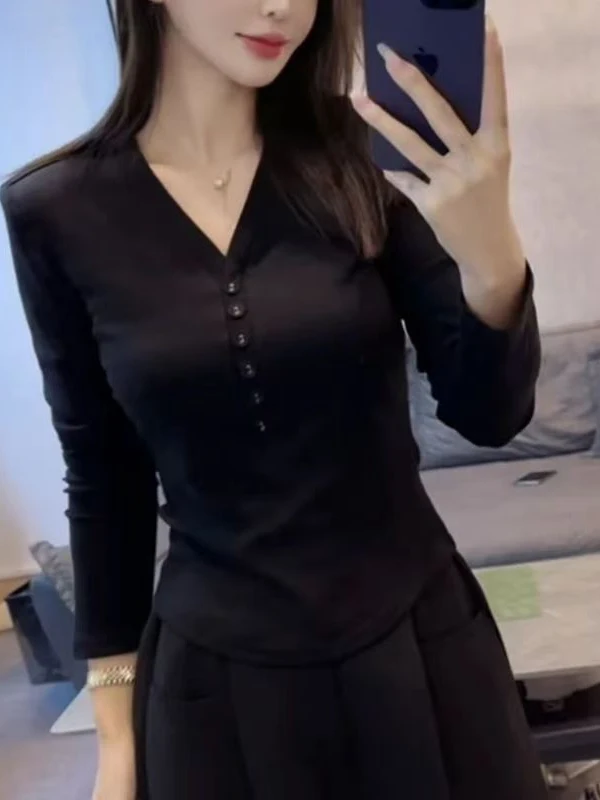 Slimming Korean Style Base Layer Top Winter Warm Long Sleeve Women's Fashionable Velvet Pure Color Versatile INS Women's Shirt