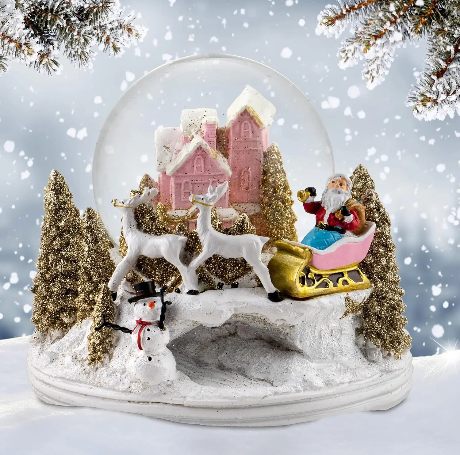 Pink Cottage Snow Globe Featuring Santa and Reindeer