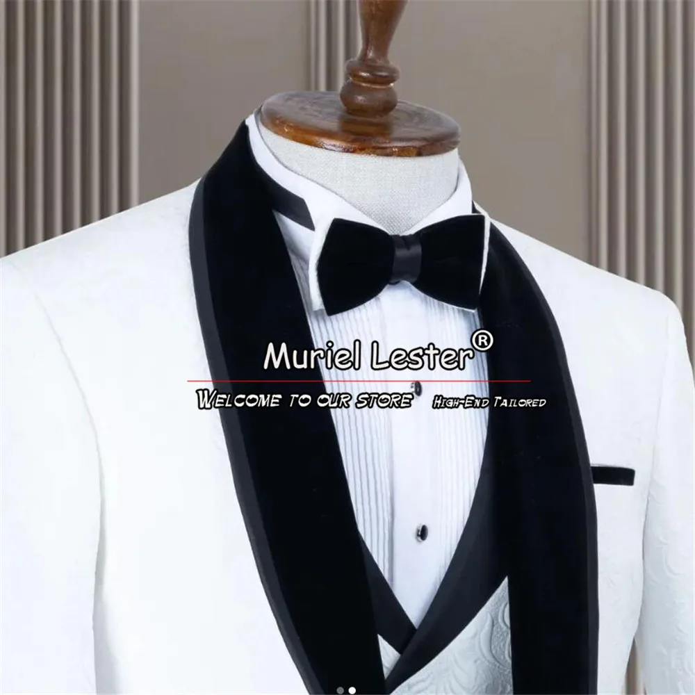 White Wedding Suits For Men Bespoke Royal Jacket Vest Pants 3 Pieces Groomsmen Tuxedos Male Classic Jacquard Prom Blazers Sets