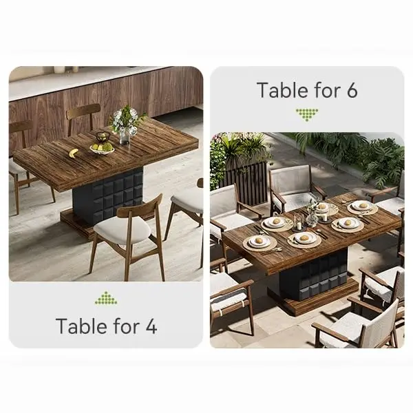 

63 Inch Rectangular Farmhouse Dining Table For 4–6, Rustic Wood Top With Black Geometric Pedestal Base, Modern Kitchen Table