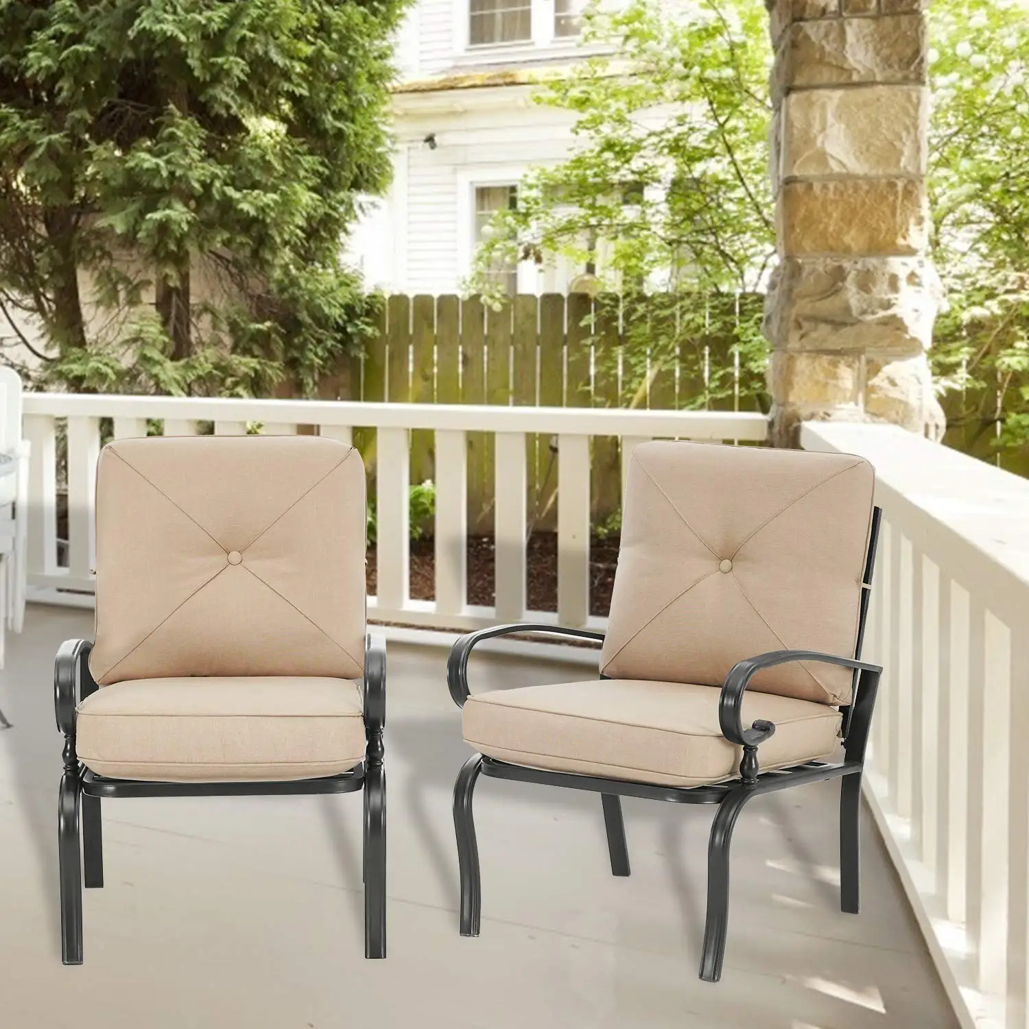Metal Patio Dining Chair Set of 2, All-Weather Bistro Seating with Steel Frame Armrest & Thick Cushion, Customized