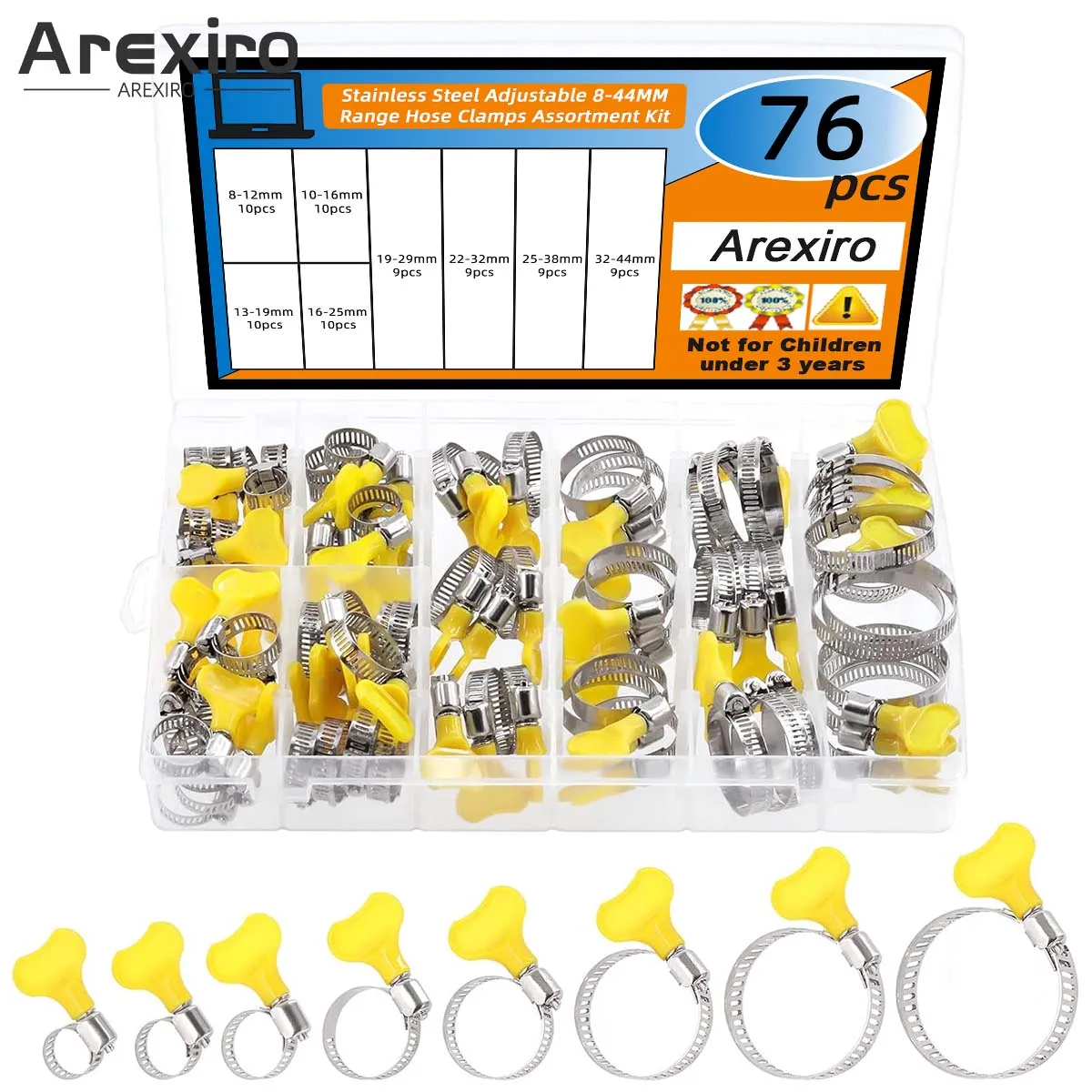 

76Pcs Adjustable 8-44MM Range Hose Clamps Assortment Kit Key-Type Stainless Steel Worm Gear Hose Clamp with Plastic Handle