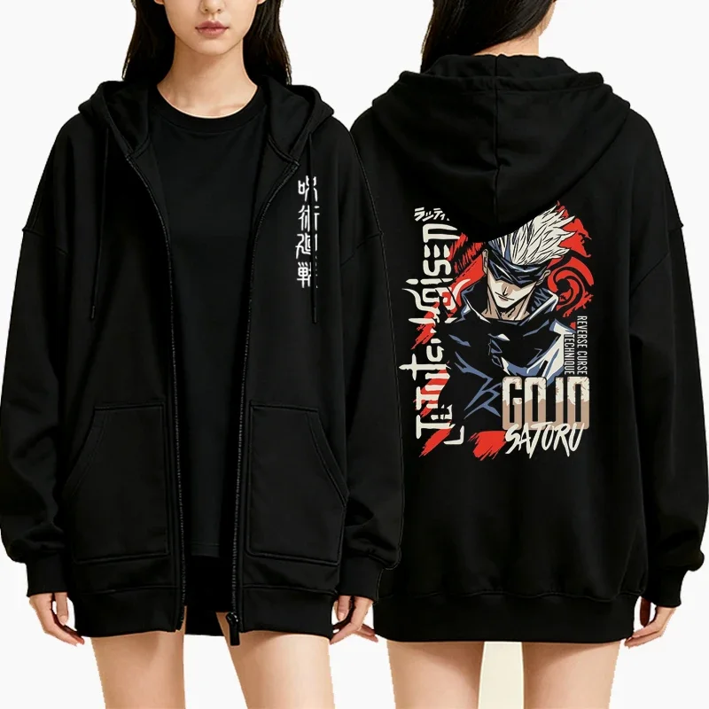 New Jujutsu Kaisen Graphic Zipper Hoodie Women Harajuku Casual Long Sleeve Sweatshirts Autumn Winter Fleece Zip-up Hoodie