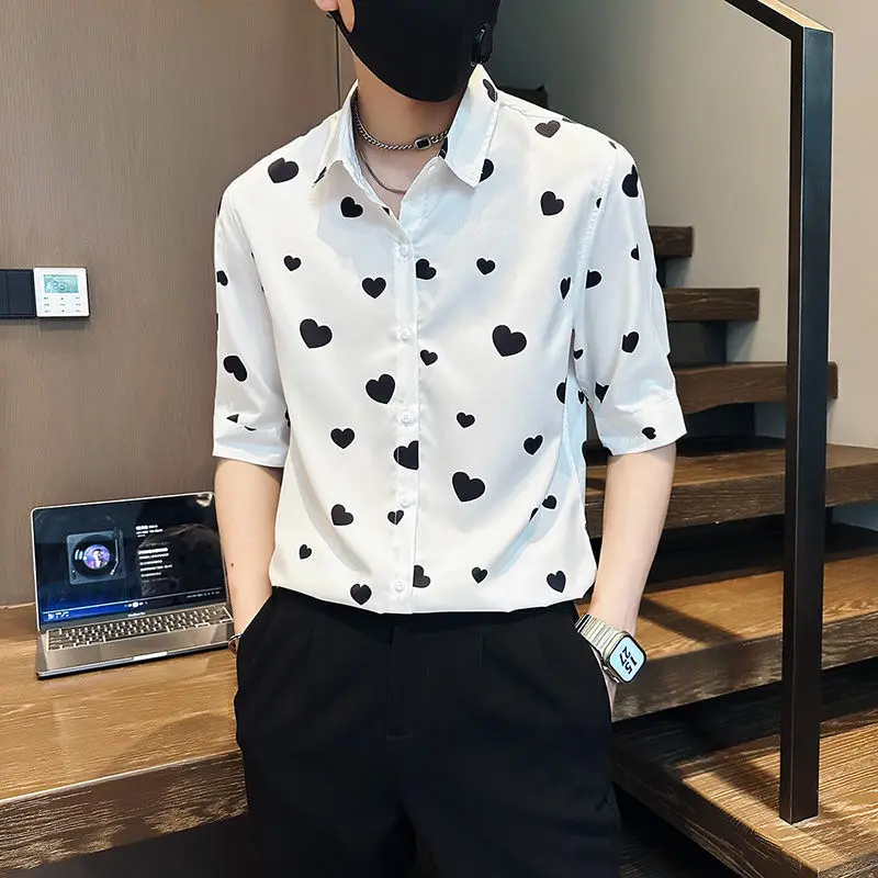 Business Casual Summer Men's 2024 New Spliced Square Collar Button Print Love Fit Comfortable and Versatile Long Sleeved Shirts