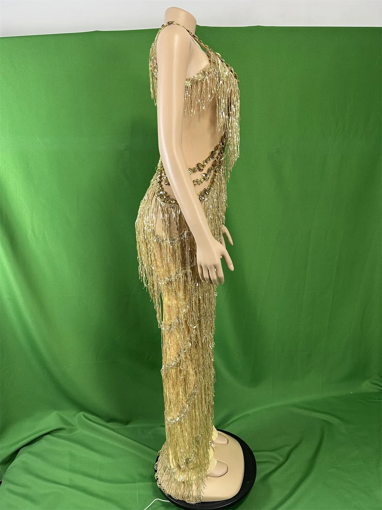 Damskie złote kombinezony z frędzlami z dżetów, seksowne stroje taneczne DJ DS Gogo Drag Queen, kostiumy rave na festiwal, bezrękawnikowe body 2025