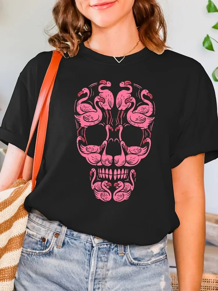 Camiseta con estampado de Halloween para concientización sobre el cáncer de mama y calavera de flamenco rosaTop informal de