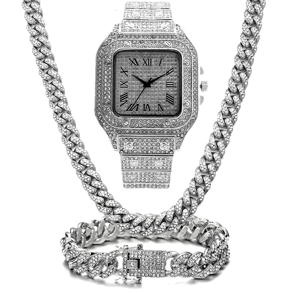 Luxury Jewelry 3pcs Set Bling Iced out Cuban Link Chain Necklace Watch Bracelet For Man Street Club Rap Holiday Birthday Gifts