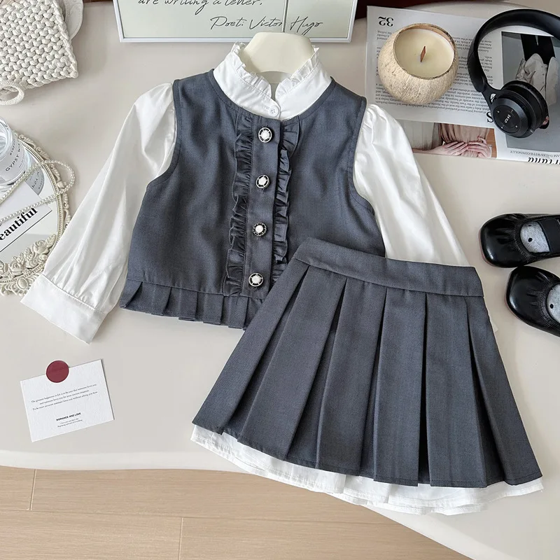 

2025Girls' Spring and Autumn New Fashionable College Style Vest Long Sleeve Shirt Pleated Skirt Three-Piece Set