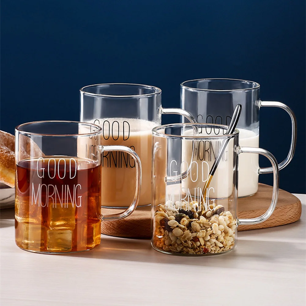 400ML Letter Printed Glass Cup Transparent Coffee Mug Teacup Creative Dessert Breakfast Cup Iced Juice Drink Cup Home Drinkware