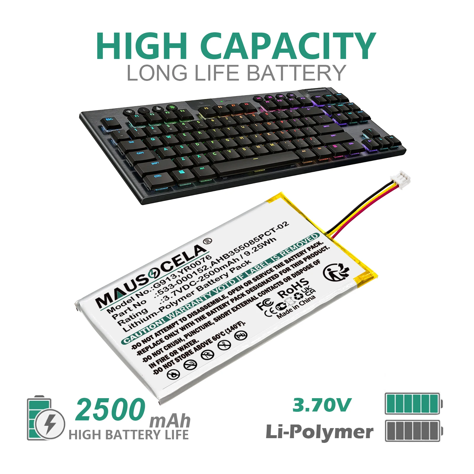 2500mAh Keyboard Battery For Logitech:533-000152,533-000204,AHB355085PCT-02,L/N: 2012,G913,G913 TKL,YR0076,G915,G915TKL,Y-R0069