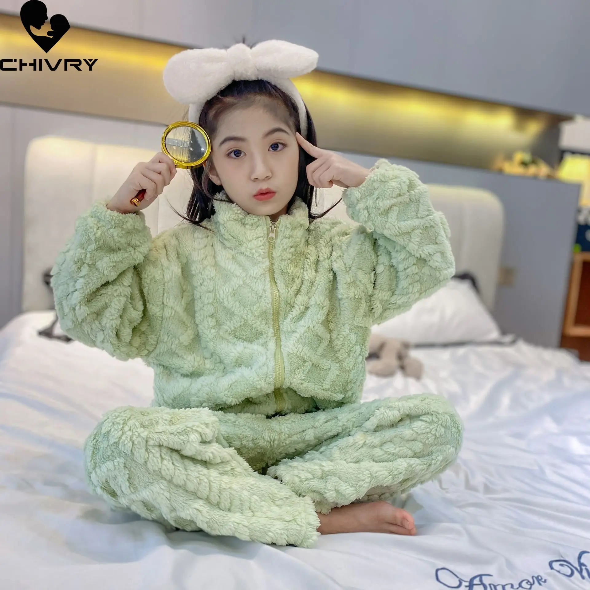 New Kids Winter Thicken Warm Flannel Pajamas Solid Stand Collar Zipper Clothing Sets Baby Boys Girls Sleepwear Toddler Pyjamas