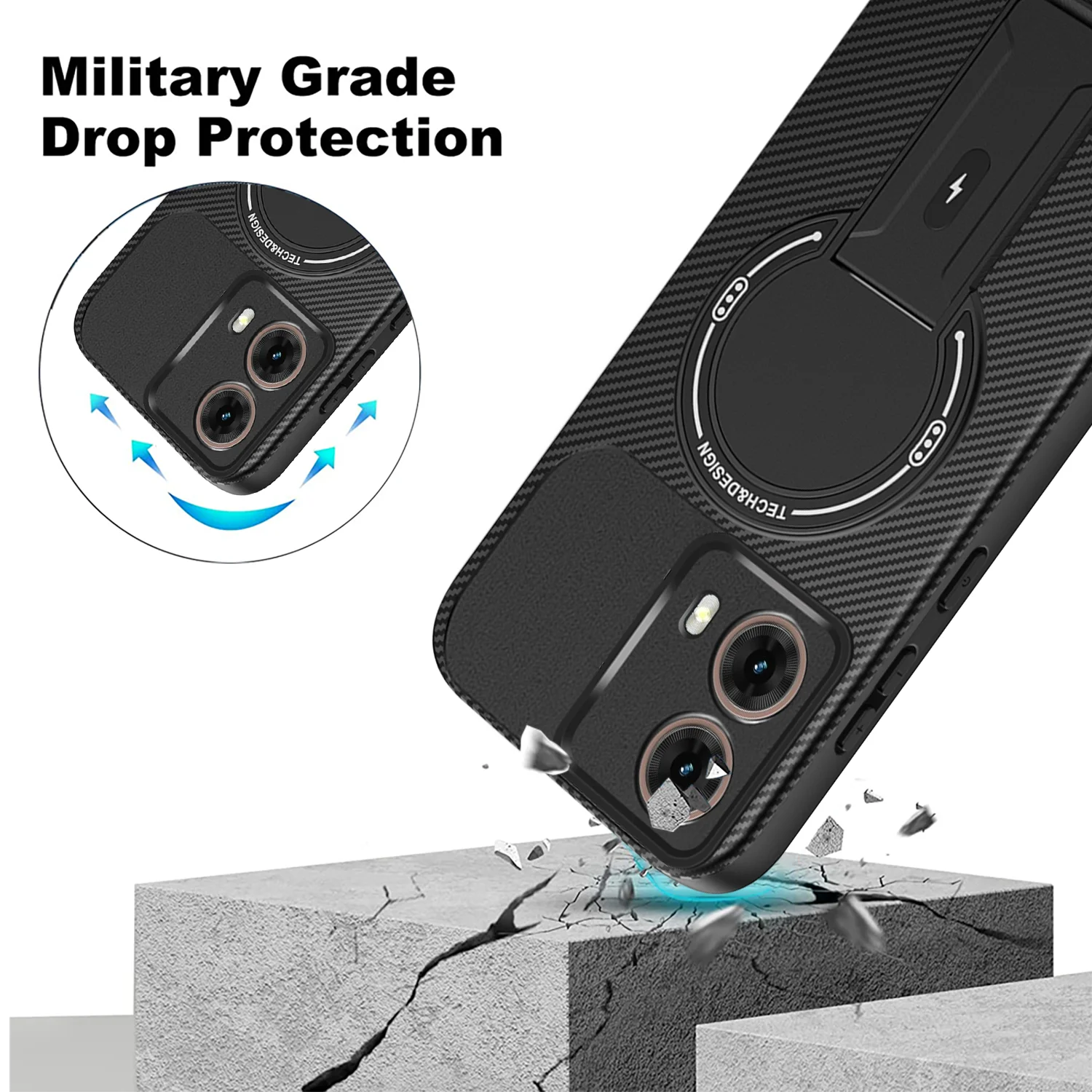 Luxuriöse magnetische Carbon-Standhülle für Moto G35 G54 G55 G56 G75 G84 G86 G24 5G Edge 50 60 Fusion Pro mit kabelloser Ladefunktion – Detail 5
