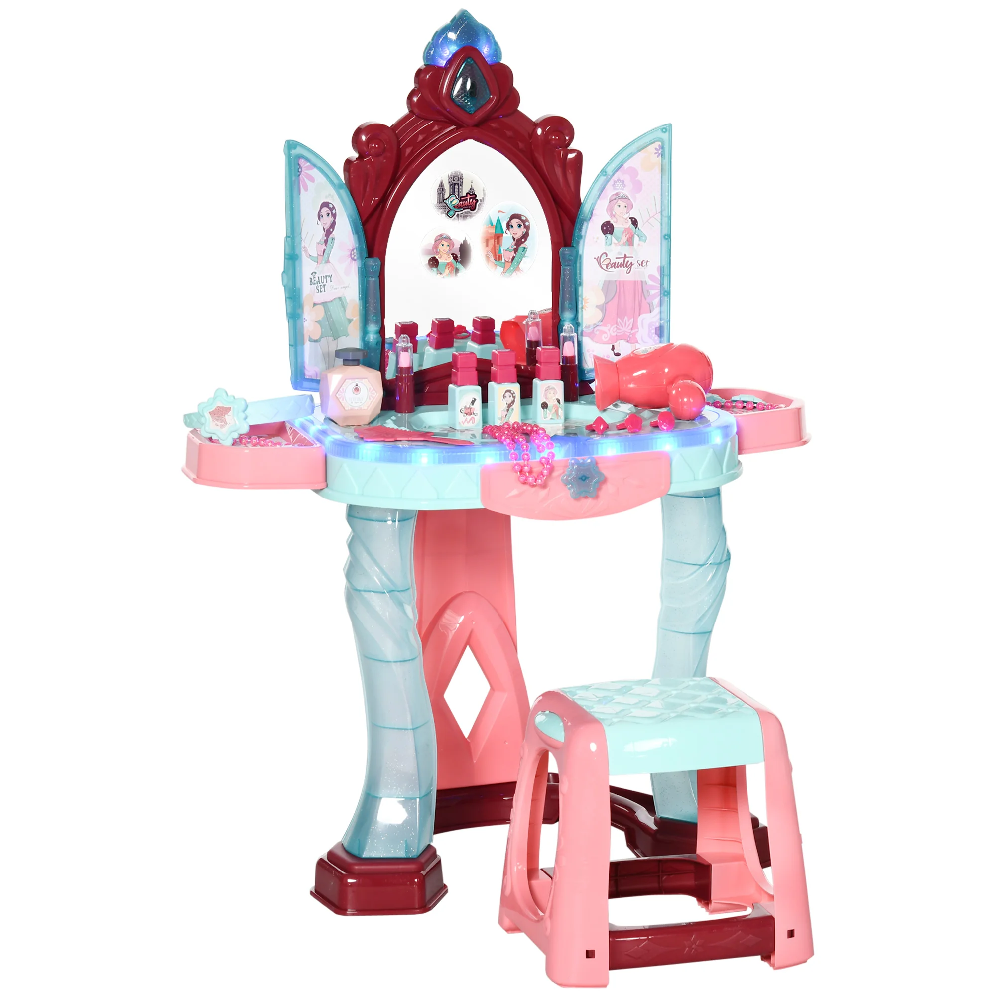 AIYAPLAY toy dressing table for girls + 3 years old with stool mirror light music and Dryer includes 31 accessories makeup vanity 57x34x76 cm multicolored