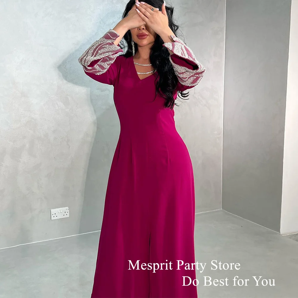 Mesprit-vestido de noche para mujer, traje Formal saudita con cuello en V, mangas largas, lentejuelas, corte en A, corte en A, pierna en el tobillo, graduación