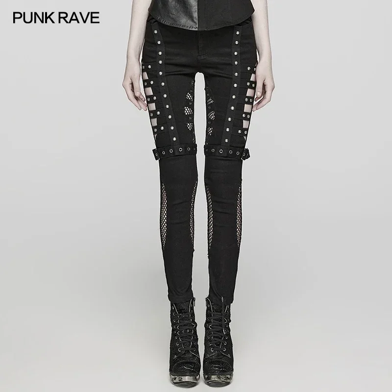 

PUNK RAVE Women's Punk Mesh Splicing Asymmetrical Hollow Washed Jeans Personalized Slim Sexy Denim Pants Women Clothing