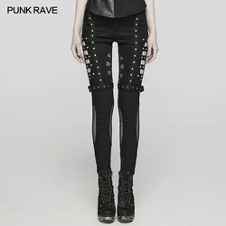 PUNK RAVE Women's Punk Mesh Splicing Asymmetrical Hollow Washed Jeans Personalized Slim Sexy Denim Pants Women Clothing