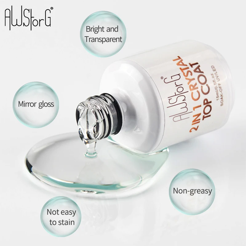AWStorG 15ML Diamond Top Coat For Gel Nail Polish Reinforce Lasting UV Soak Off Gel Varnish High Light 2 IN1 Crystal Top Coat