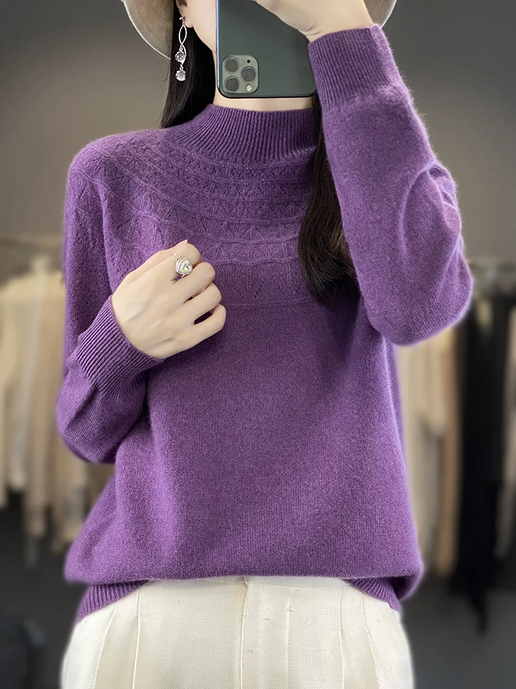 Fashion 100% Merino Wool Sweater Mock Neck  Cashmere Pullover Basic Autumn Winter Soft Hollow Out Long Sleeve Clothing Tops