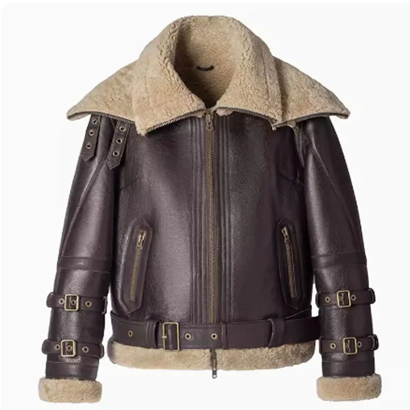 Luxury 2023 Winter Women Natural Sheepskin Shearing Coat 100% Wool Liner Motorcycle Biker Jacket Double Layer Collar Brown XXXXL