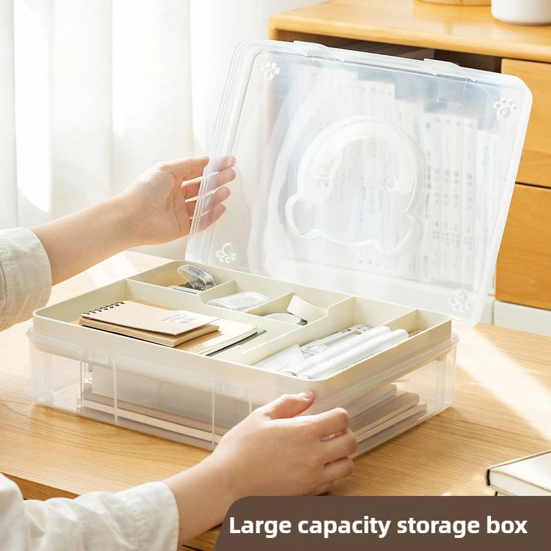 Bear Stationery Storage Box Student Desktop Sundries Grid Double-layer Transparent Plastic Storage