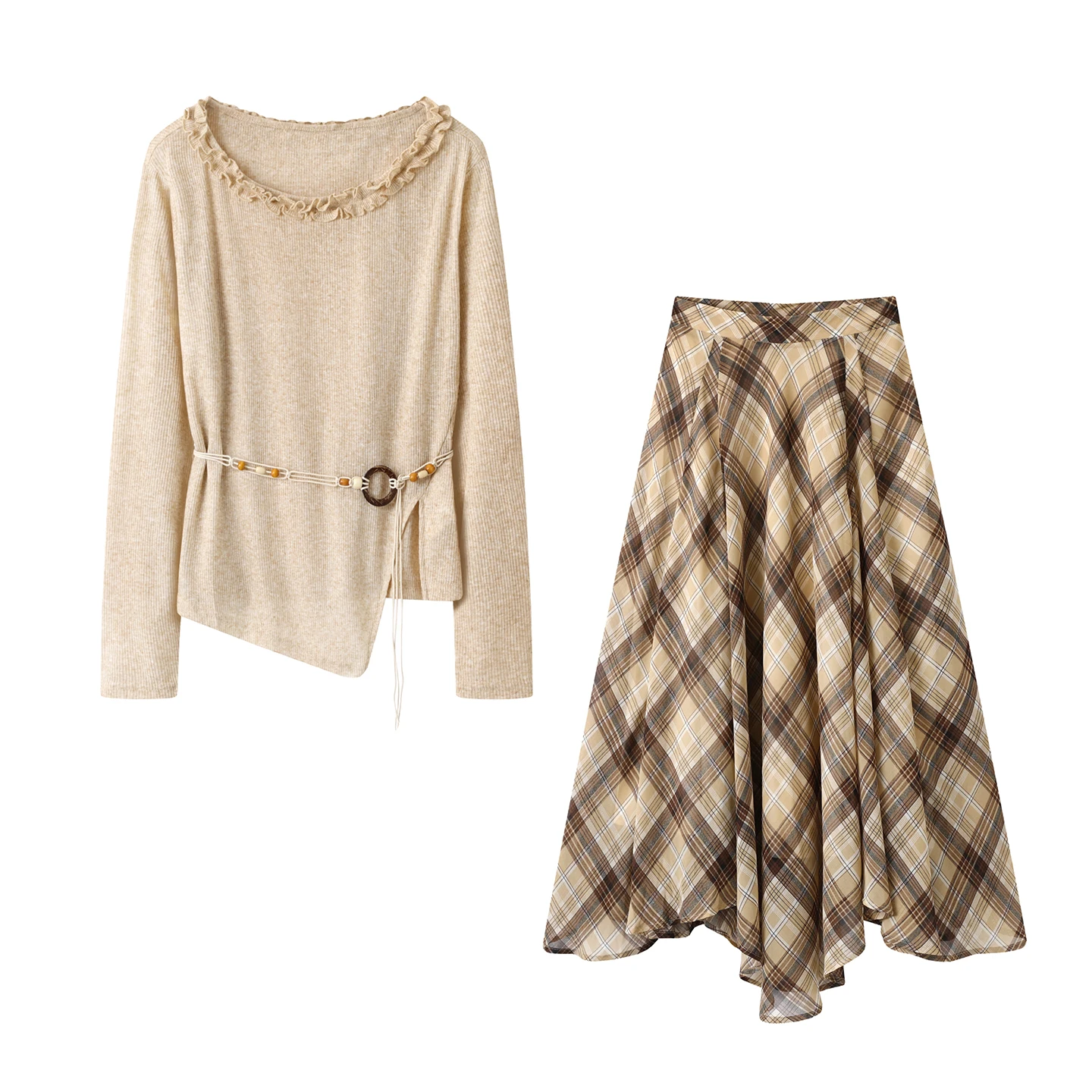 

Женский комплект: вязаный свитер с высокой талией и юбка миди с поясом, клетчатая юбка А-силуэта, повседневный стиль, осенний модный комплект