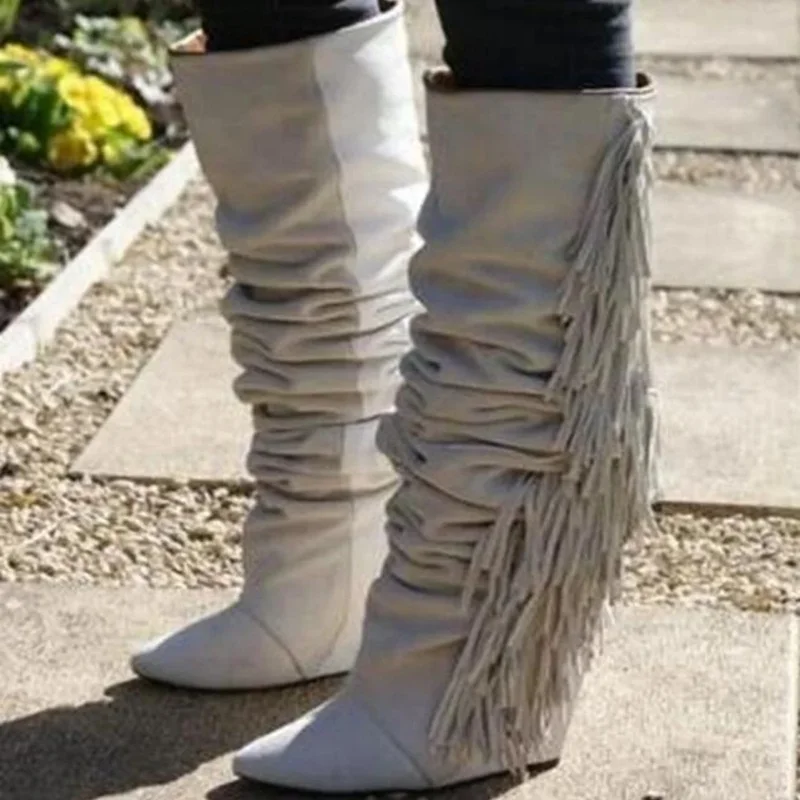 Fashion White Knee High Boots Fringe Wedge Height Increaing Winter Women Boots Top Brand Round Toe Female Motorcycle Tassel Boot