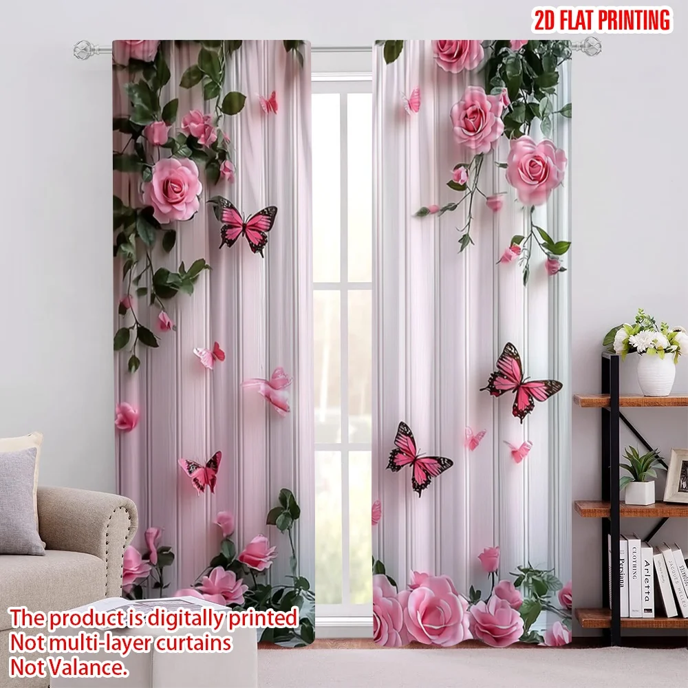 

2pcs Curtain Butterfly and Pink Rose Durable 100% Polyester Fabric,Without Electricity Versatile Perfect for Holiday Decor