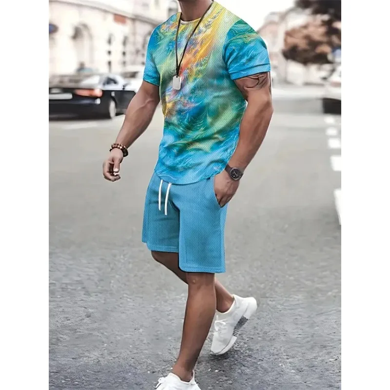 2025 New 3D Texture Men's Short Sleeves and Shorts Casual Summer Sportswear Flat Size Clothing Printed Suits