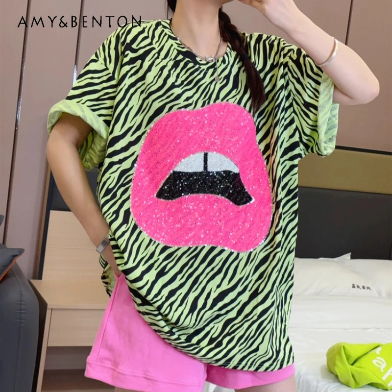 

Summer New Heavy Industry Sequined Cartoon Pattern Loose T-shirt Women's Versatile Simple Temperament Thin Half-sleeved Tshirts